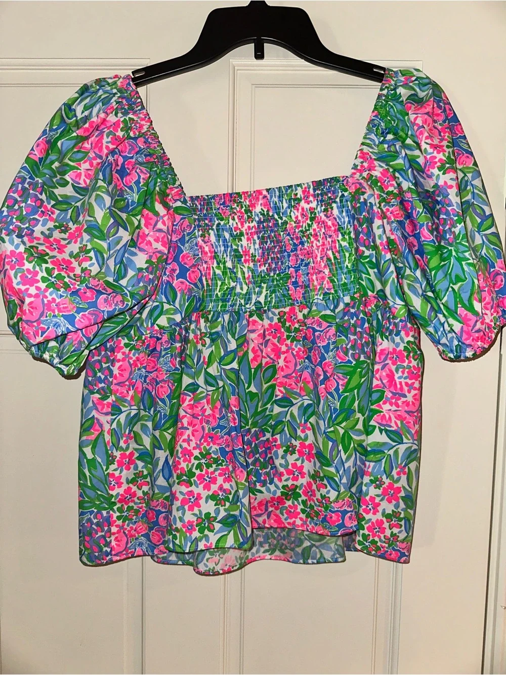 Lilly Pulitzer Square-Neck Puff Sleeve Floral Top - Pink, Green & Blue